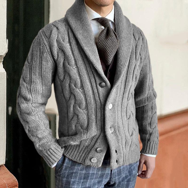 2025 Winter New Knitted Cardigan Men's Turn-down Collar Long Sleeve Twisted Sweater