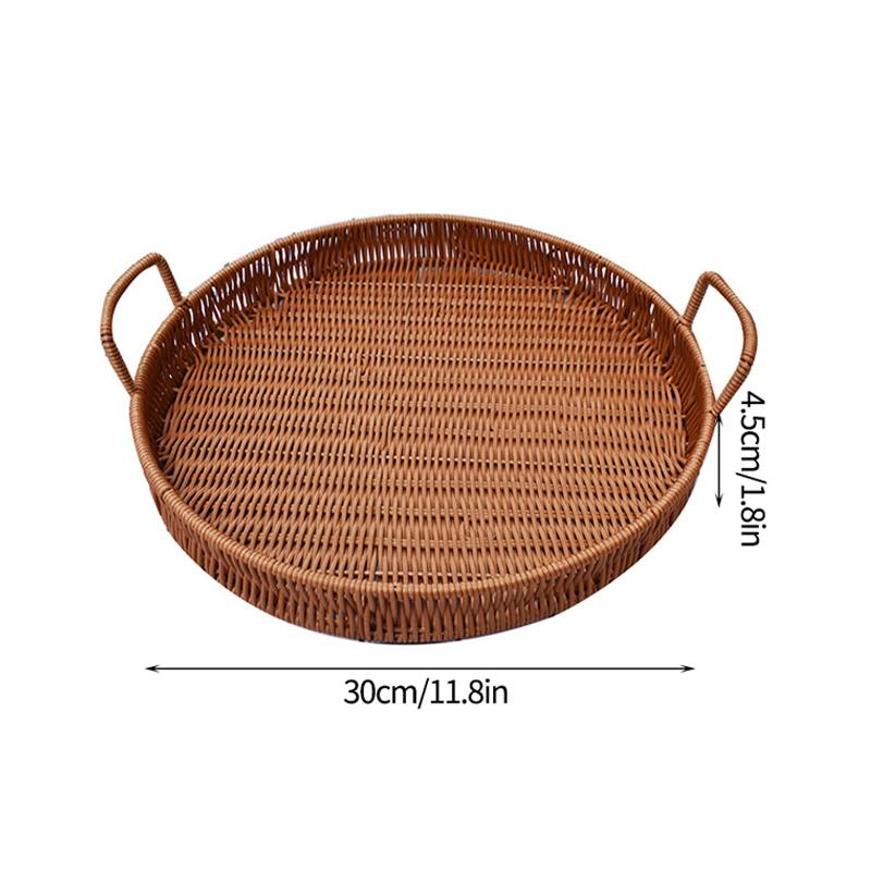 Storage Tray Round Rattan Woven Tray Fruit Breakfast Tea Storage Basket Desktop Sundries Organizer Bread Plates With Wood Handle