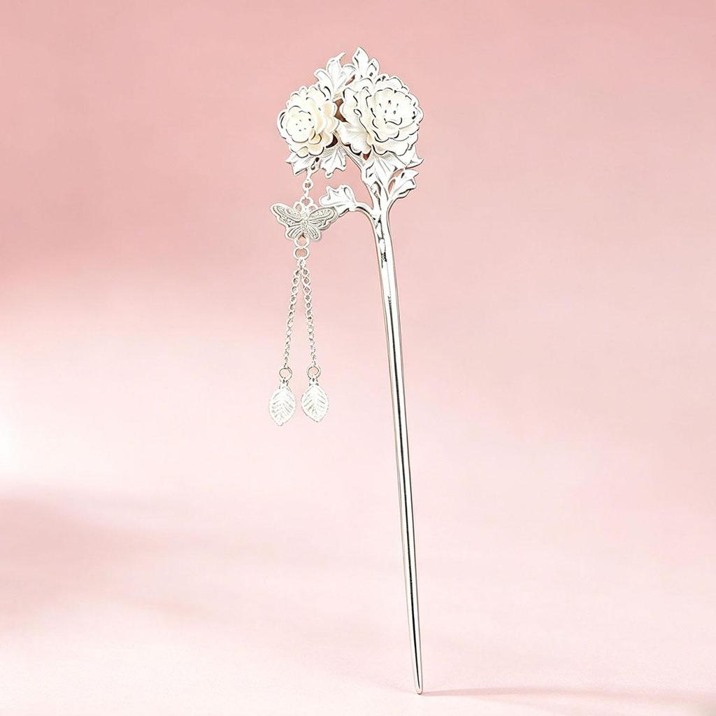Peony Hairpin Silver Hairpin Women's Hairpin New Chinese Style Tassel Hanfu Cheongsam Hairpin National Style Accessories