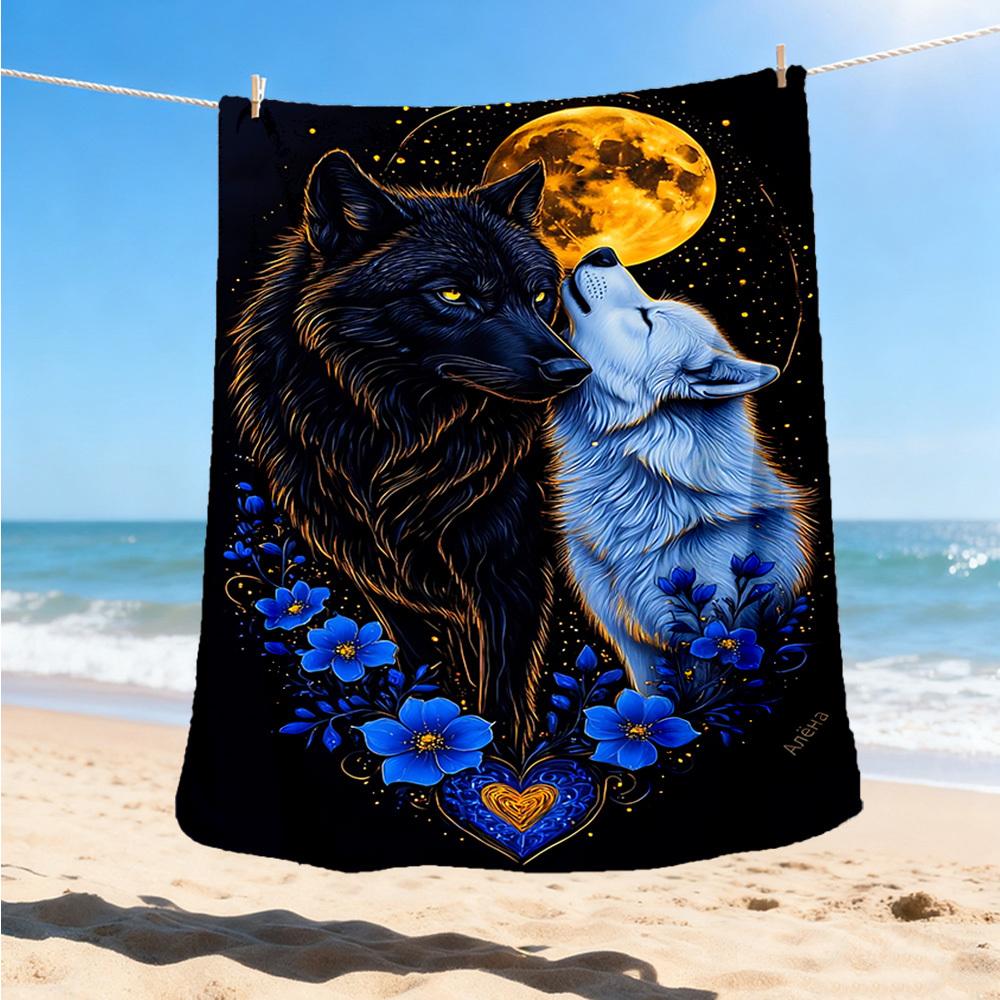 1pc Wolf Flowers Heart Throw Blanket Polyester Fiber, Lightweight Flannel, Soft & Warm, All Season Use for Outdoor, Camping Digital Print