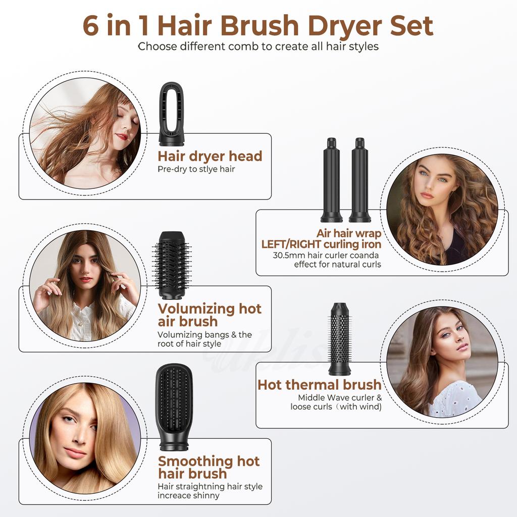 6-in-1 Hair Styler 1000W Fast Drying Motor Auto-Wrap Curling Iron Hot Air Brush Straightening Tools