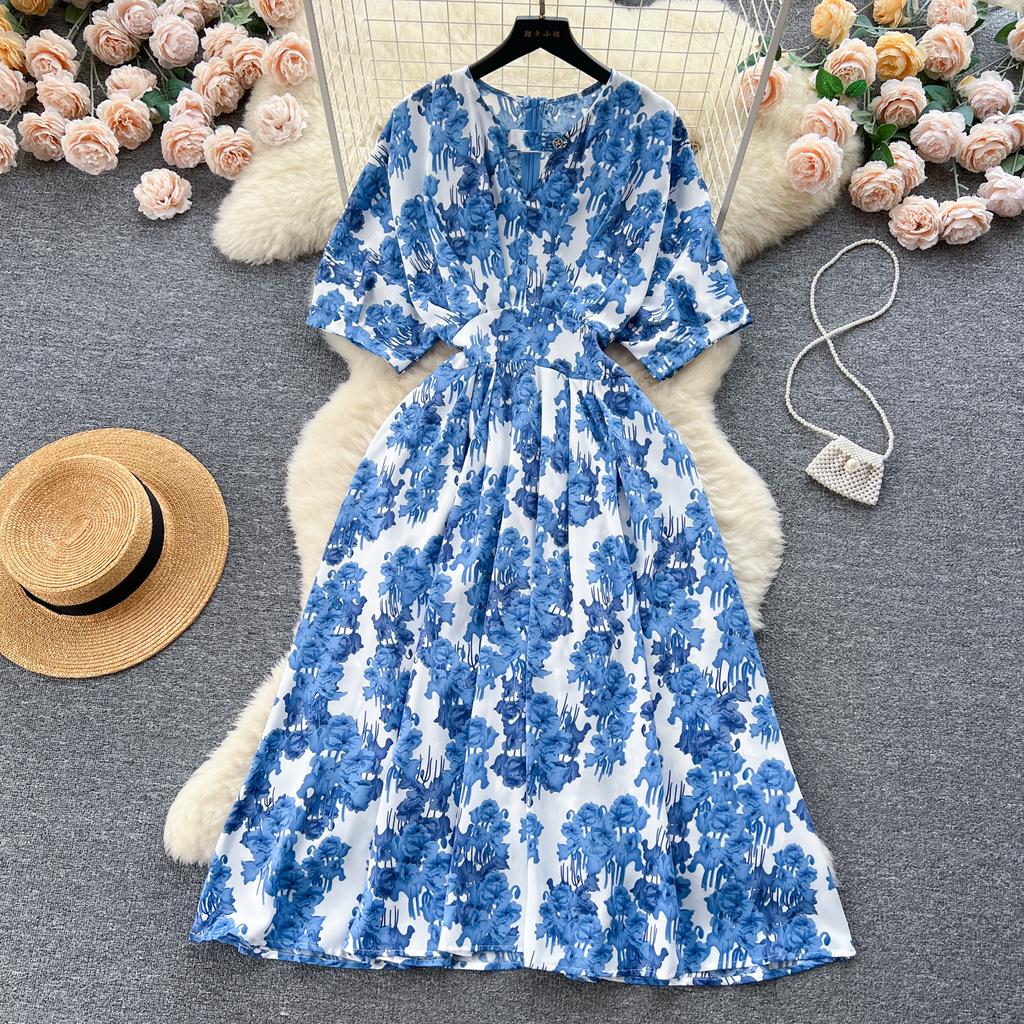 Платье с пышными рукавами и цветочным принтом на талии, женское летнее облегающее пляжное платье в стиле супер феи в курортном стиле