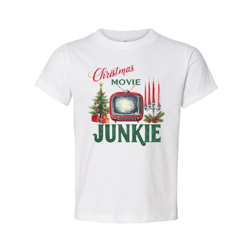 Christmas Movie Junkie Unisex T Shirt With Retro TV Candles And Christmas Tree P