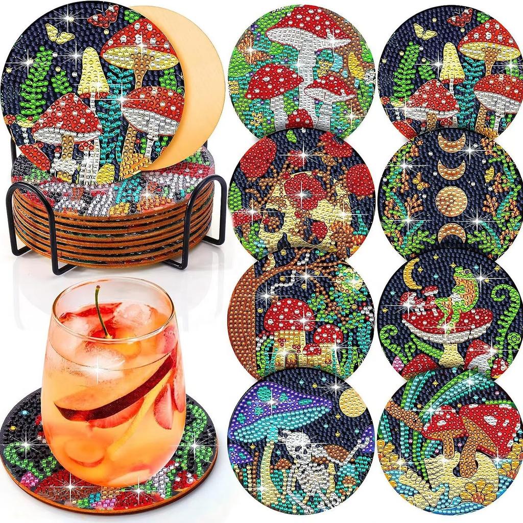 N-001 8 Pcs Mushroom Diamond Painting Coaster Kits Crafts for Adults DIY Diamond Art Coasters Small Diamond Painting Accessories