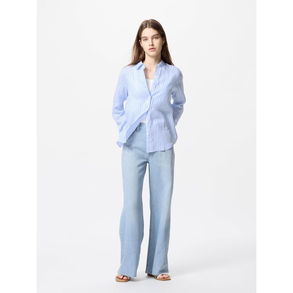 Uniqlo Рубашка из льна премиум-класса с длинным рукавом в полоску