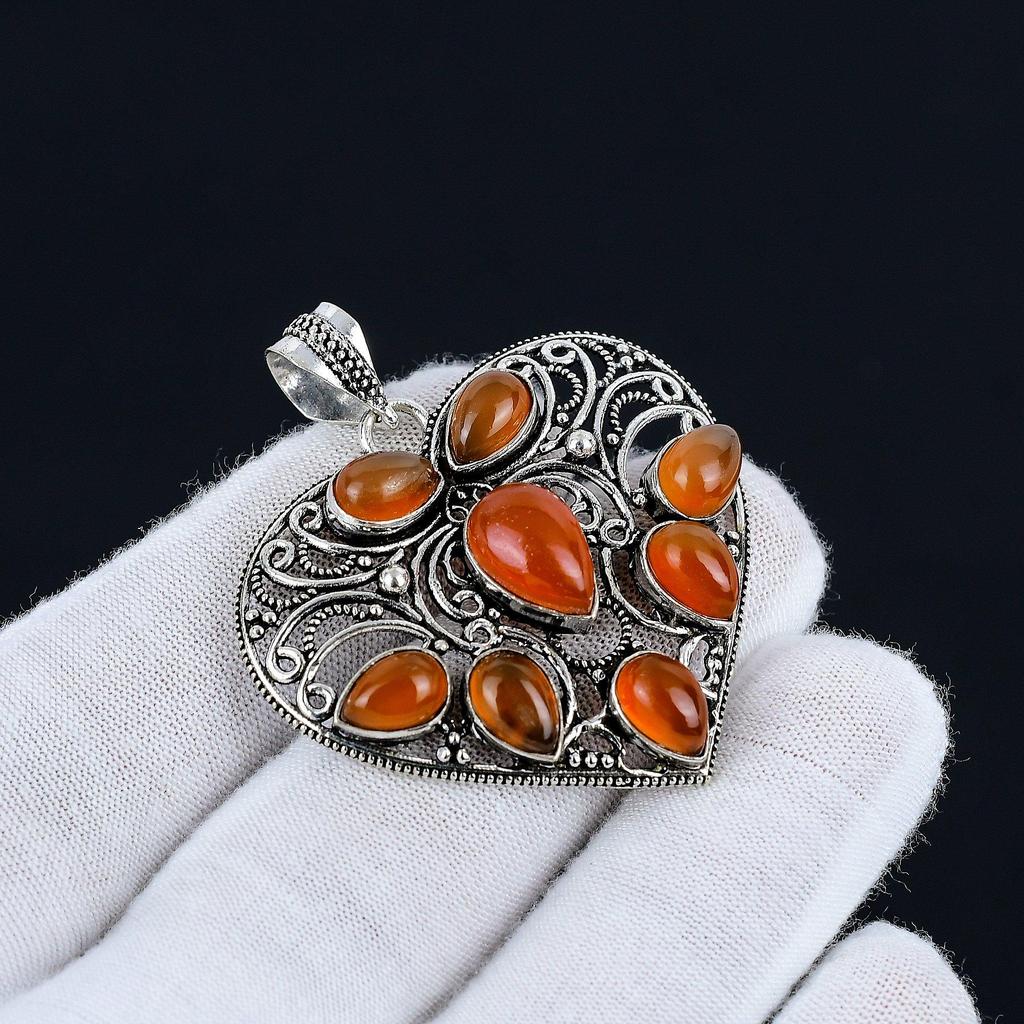 Orange Carnelian Gemstone Handmade 925 Sterling Silver Jewelry Pendant Natural Orange Carnelian Heart Shape Pendant For Gifts