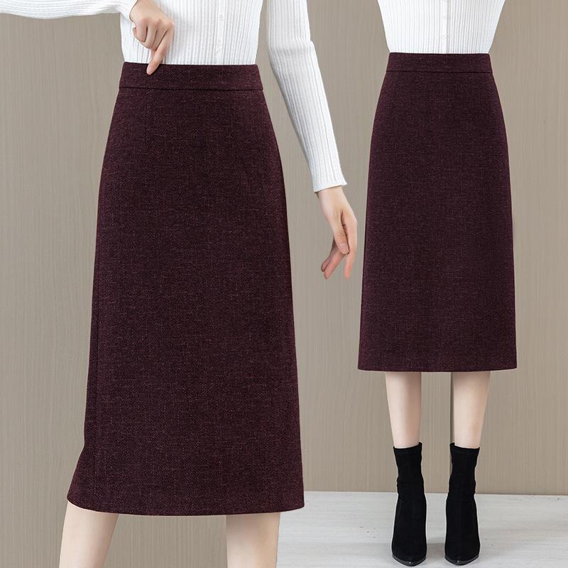 2025 Woolen High Waist A-Line Mid-Length Skirt for Women - Autumn/Winter Hip-Wrap Style