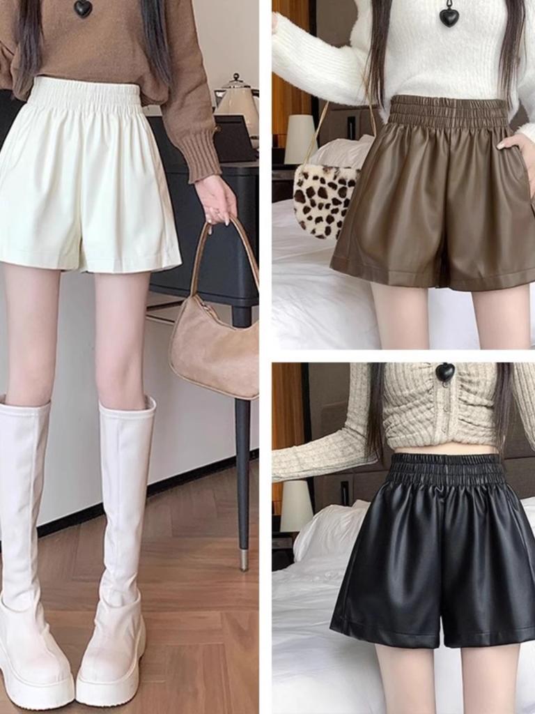 Женские шорты А-силуэта из искусственной кожи с высокой талией - коричневые, осень/зима 2023 г., модный облегающий широкий крой для верхней одежды с сапогами.