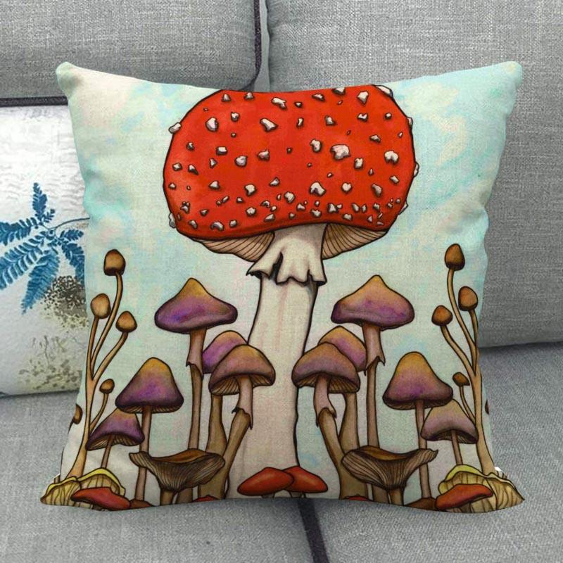45X45см Наволочка с грибным артом Квадратная на молнии Хлопково-льняные наволочки Спальня Дом Офис Декоративная наволочка WJY12.25