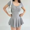 Серое мини-платье А-силуэта с квадратным вырезом, короткими рукавами, приталенное, для миниатюрных