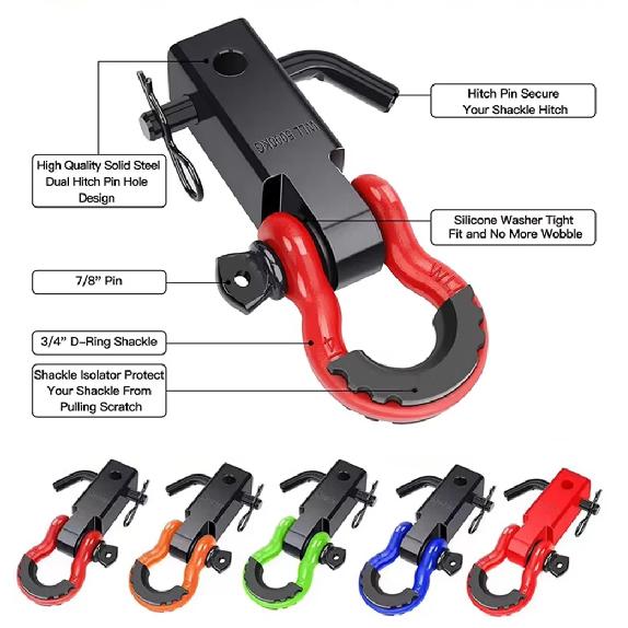 3/4" D Ring Bow Shackle Carbon Steel Tow Hook Kit Off-Road Receiver Hitch Mount for Trailer Recovery & Towing Accessories