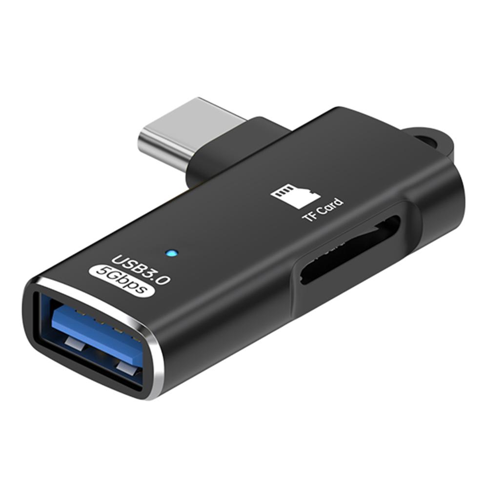 TYS-304 Angled Type-C OTG Adapter to USB 3.0 + TF Card Slot Converter for Mouse/Keyboard/Flash Drive/SSD