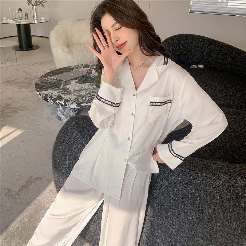 Spring 11 new women's long-sleeved trousers cardigan pajamas cover homewear ice silk solid color simple live broadcast