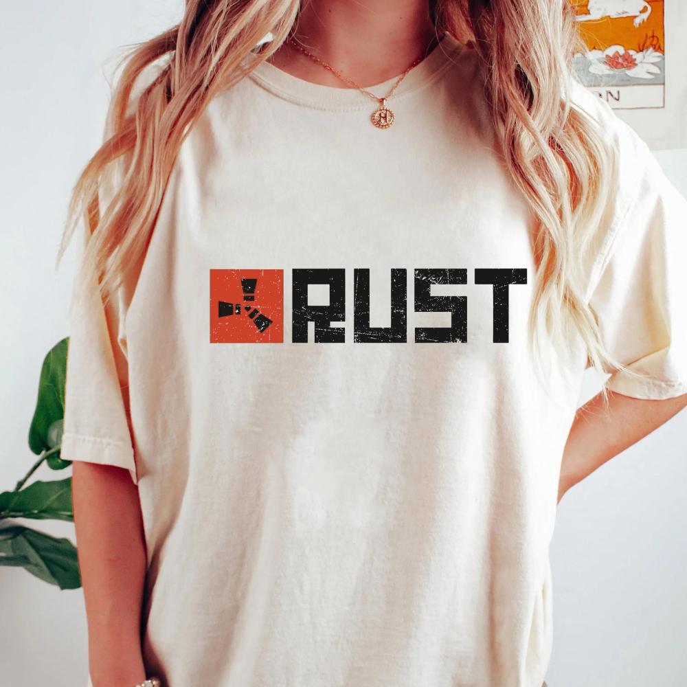 Rust Видеоигра Футболка Унисекс Потертый Логотип Одежда для Выживания Футболка Одежда Графическая Футболка с Коротким Рукавом Унисекс Женская Все Сезоны