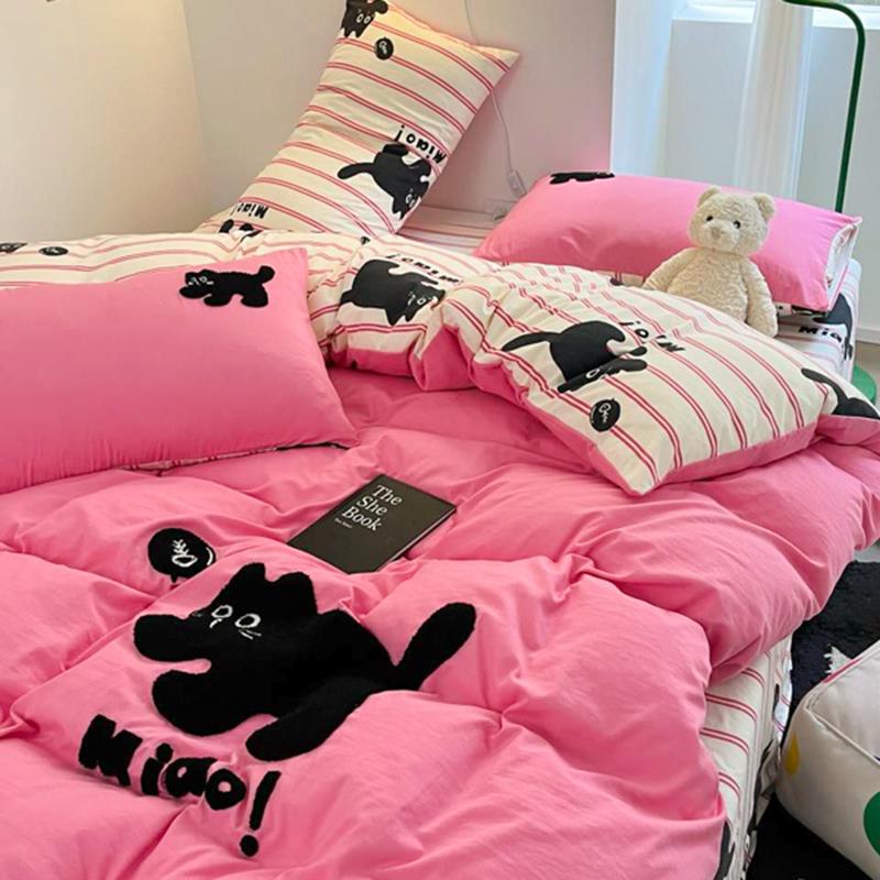 Постельное белье в розовую полоску, вышивка полотенцем, комплект пододеяльника, размер Квин, Твин, Фулл, простыня, пододеяльник, наволочки, каваий