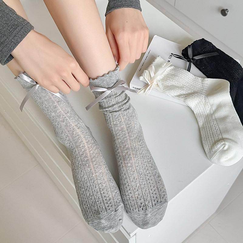 Miu Wind Girl Socks Bow Lolita Medium Tube Stacking Socks Summer Thin Mesh Breathable Cotton Socks Children