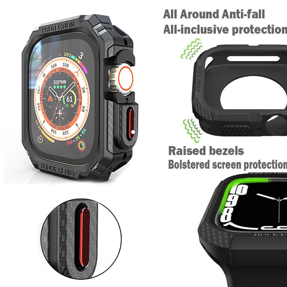 Military Toughed Frame Case for Apple Watch Ultra Series 8 7 6 SE 5 Carbon Fiber Texture Bumper Metal Button 49mm 40 41 44 45mm