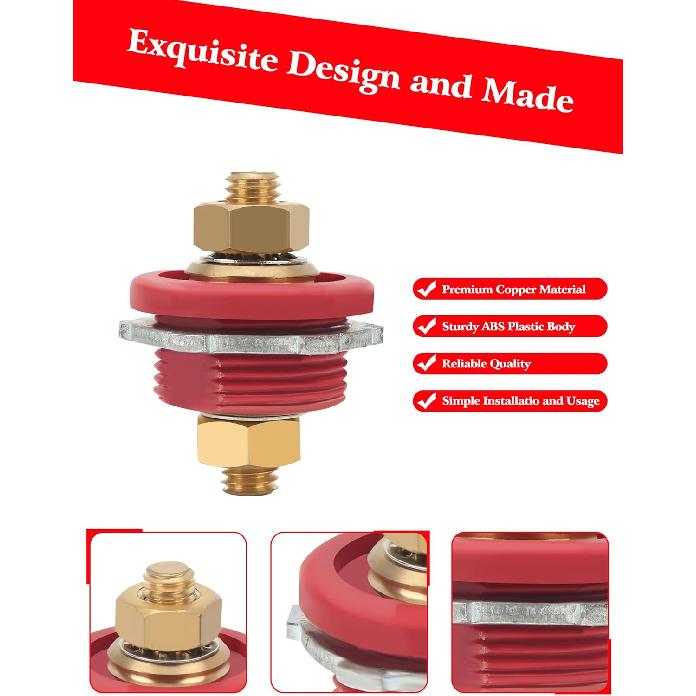 Thru Panel Battery Terminal Connector Premium High Current, 2 Pcs 3/8in Thru Panel Battery 250A Positive Negative Junction Stud Post for Cars RVs