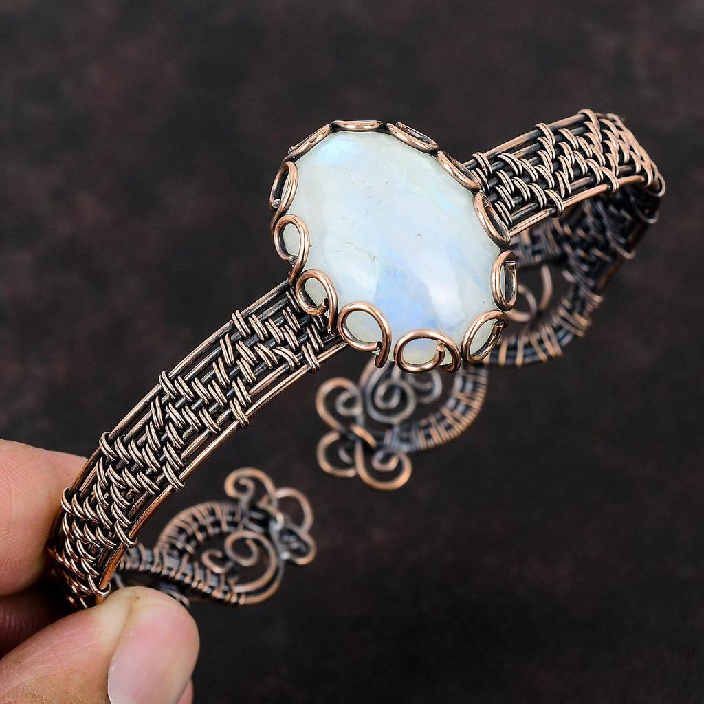 Радужный браслет-манжета из меди с лунным камнем, браслет из медной проволоки, ювелирные изделия ручной работы, регулируемый браслет с драгоценными камнями, дизайнерские ювелирные изделия