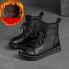Johnature Flat Bottom Plush Warm Cotton Boots Solid Color Retro Genuine Leather Women's Short Boots