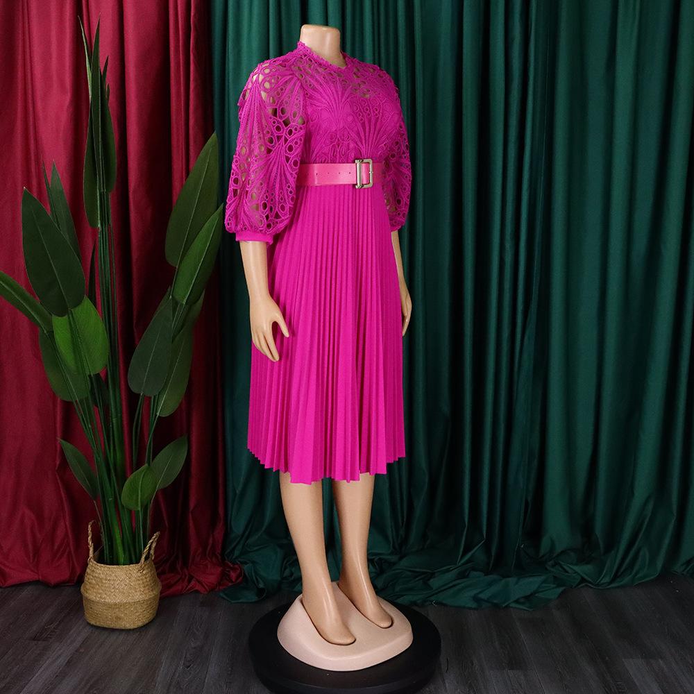 Летнее платье большого размера с кружевным крючком и цветком, сексуальное плиссированное платье в европейском и американском стиле с вырезами