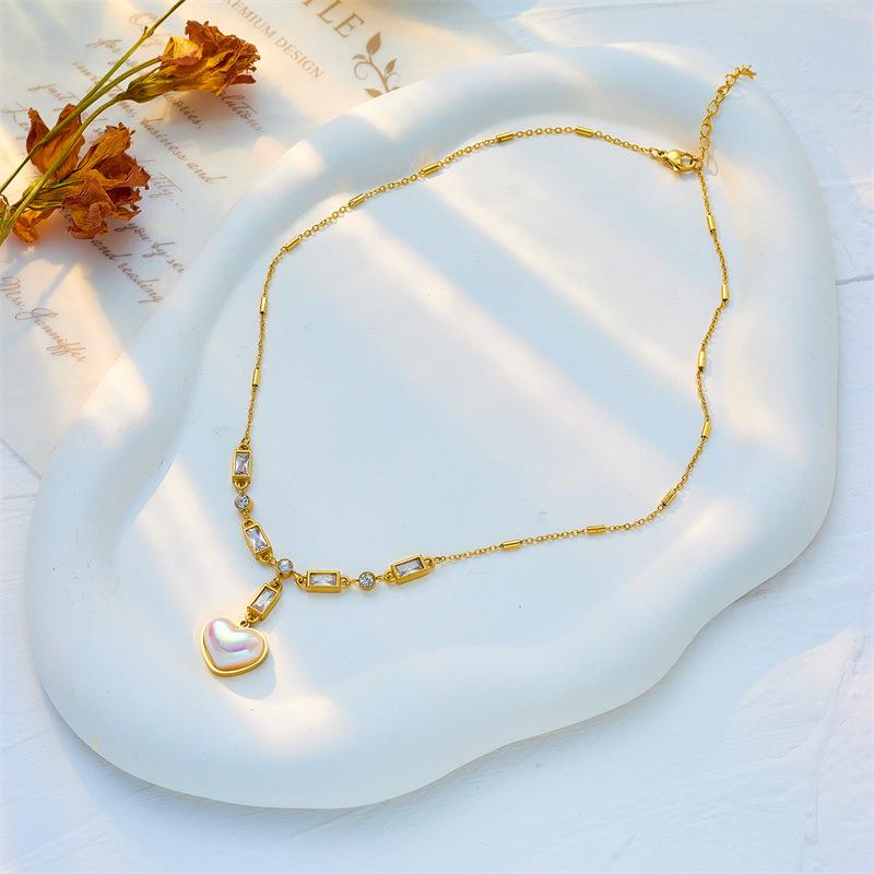 Gold Plated Heart Mother of Pearl CZ Necklace, Dainty Link Chain with Baguette Zircon & MOP Heart Pendant, Luxury Jewelry for Women Gift