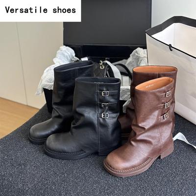 Дизайнерские винтажные женские ковбойские сапоги в стиле вестерн, модные элегантные туфли с пряжкой на поясе, осенне-зимние туфли на плоской подошве, женские короткие ботильоны