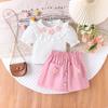 Милый комплект для девочек 2025 года, летний детский модный комплект с цветочным декором и коротким рукавом + юбка