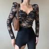 Модная сексуальная черная женская блузка с v-образным вырезом, топы с квадратным воротником, пышная кружевная рубашка с длинным рукавом для женщин, элегантные облегающие офисные женские рубашки 24106