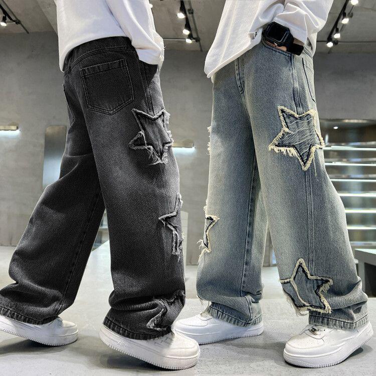 Fashion Teenager Boys Denim Wide Leg Pants Child Trousers Spring Autumn Star Splicing Raw Edge Jeans