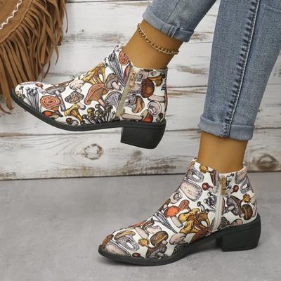 Модные женские ботильоны с принтом грибов, осенние ботильоны на молнии с острым толстым каблуком, короткие ретро-ботинки на платформе, Botas De Mujer Zapatos