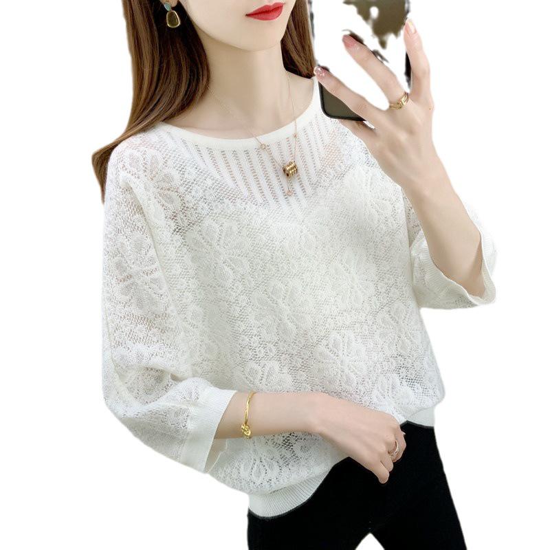 2024 Женская корейская трикотажная футболка с круглым вырезом и рукавами «летучая мышь» — свободный, легкий кардиган