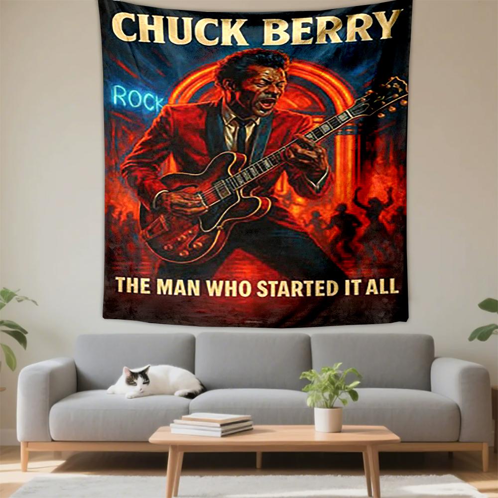 Tapestry Chuck Berry Rock Roll Pioneer Red Suit Guitar Neon Stage Poster Wall Hanging