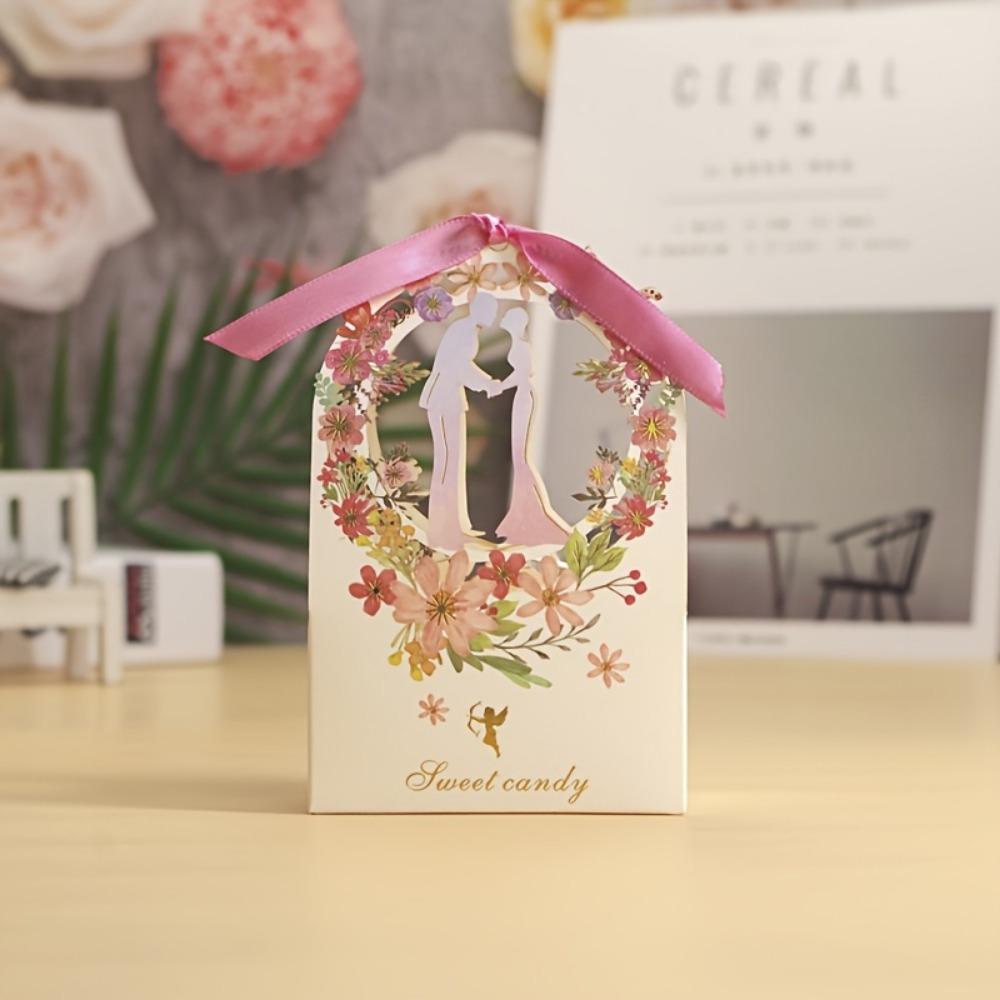 15 шт. Цветочные коробки для конфет с лентами, упаковочная коробка для свадебного подарка, мешочки для угощений на девичник, подарочная упаковка, бумажные принадлежности для вечеринок, подарок на свадьбу
