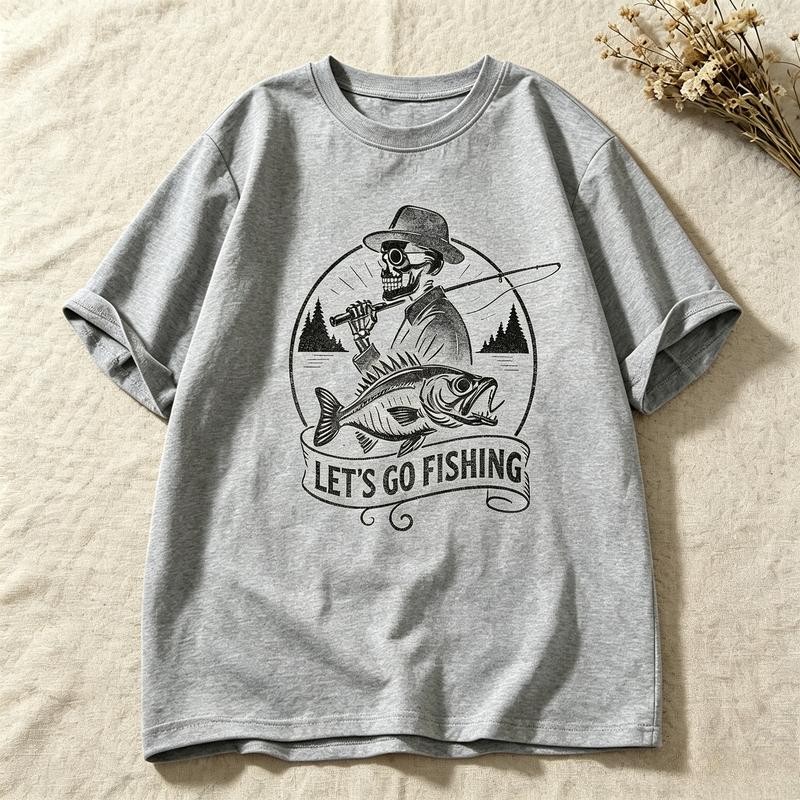 Unisex Casual Short Sleeve T Shirt Skeleton Fisherunisex Lets Go Fishing Distressed Bass Fish Graphic Outdoor Streetwear Tees Y2k Tops