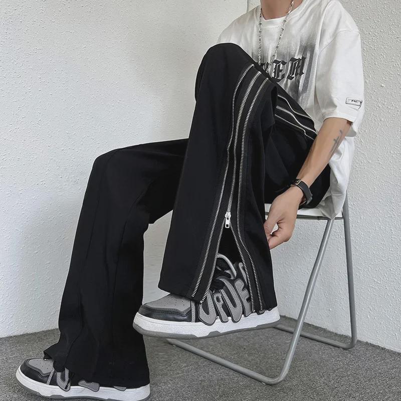Men's Summer High Street Zipper Pants: Trendy European & American Hip-Hop Style, Loose, Casual, Straight Drape.
