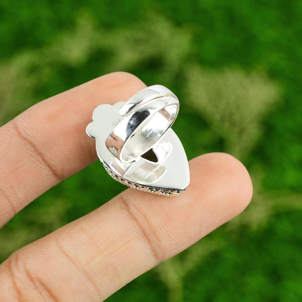 Натуральный Камень Яшма Пикассо Штабелируемое Желтое Регулируемое Кольцо из Серебра 925 пробы