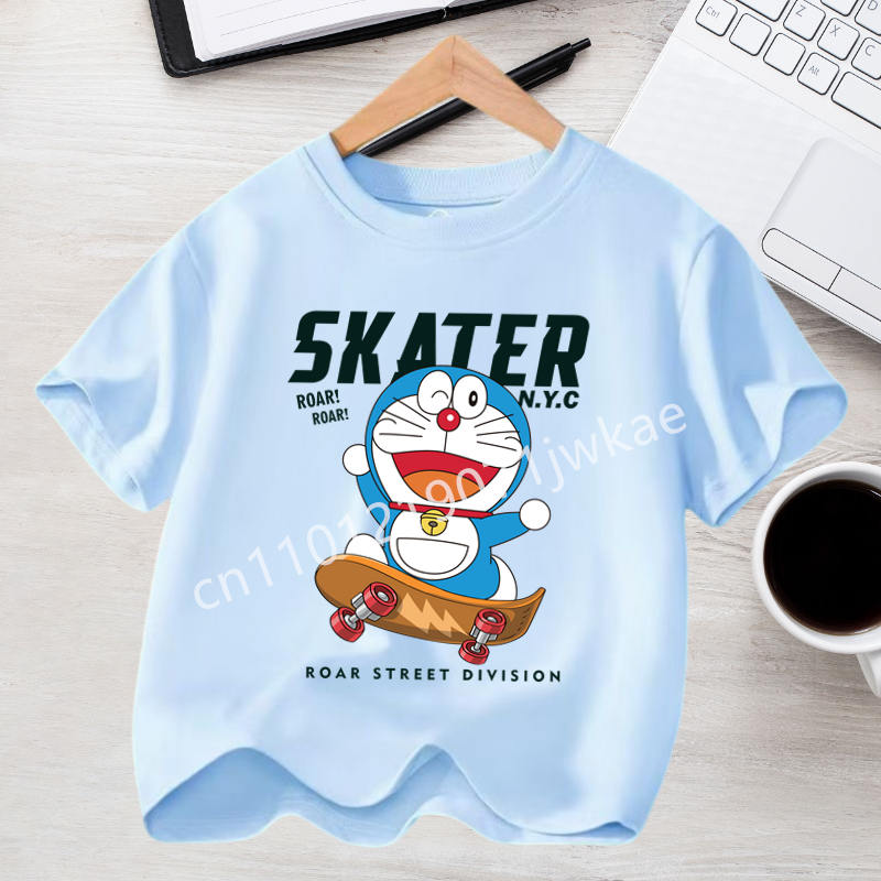 Kawaii Cotton Tops Boy Girl Summer Fashion Tees Kid Clothes Birthday Gift Doraemon Short Sleeves Children Cartoon Anime Tshirt