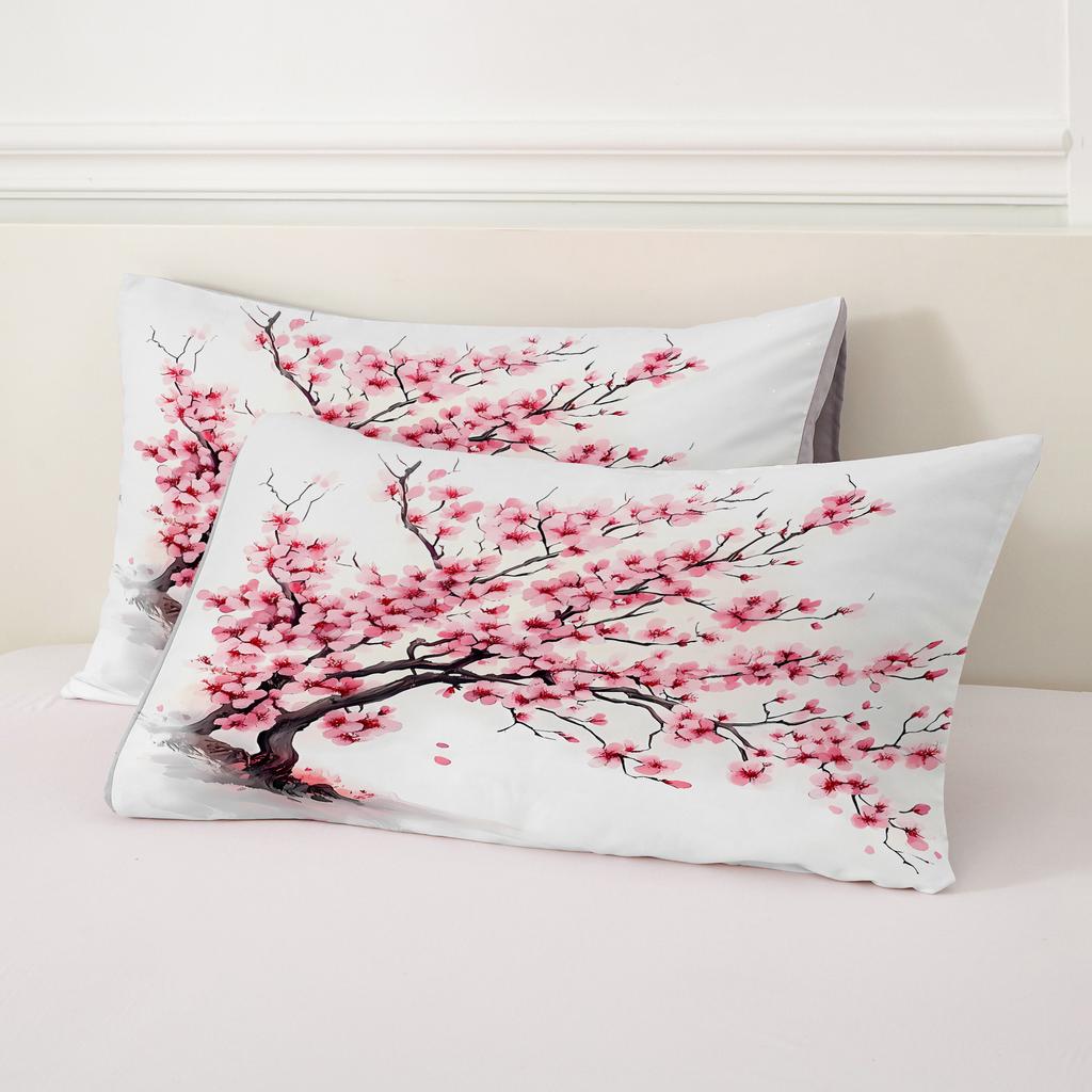 Японский стиль Черно-белый стиль туши Самурайский меч Красная сакура 3D-печать Набор пододеяльника Элегантное постельное белье с сакурой Наволочка