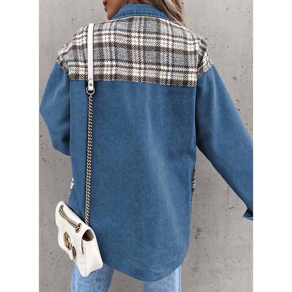 Denim Jacket, Long Sleeved, Checkered, Button Up, Shirt, Jacket Top