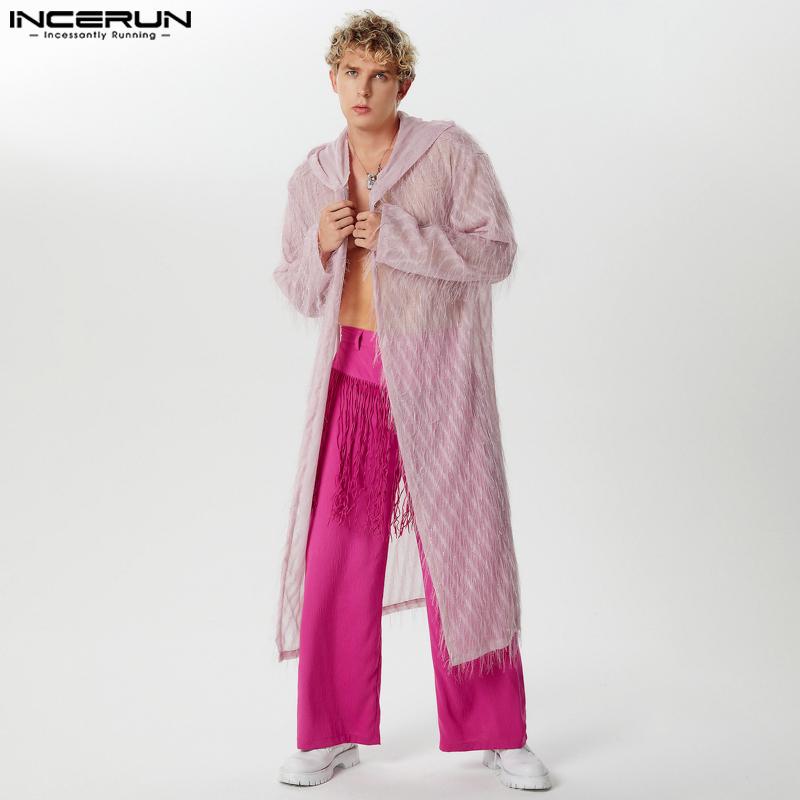 INCERUN Мужские прозрачные длинные кардиганы с кисточками и кимоно с открытым передом и капюшоном