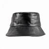 Unisex Autumn Winter PU Leather Bucket Hat Warm Fleece Lined Basin Cap Solid Color Retro Fisherman Hat for Men Women