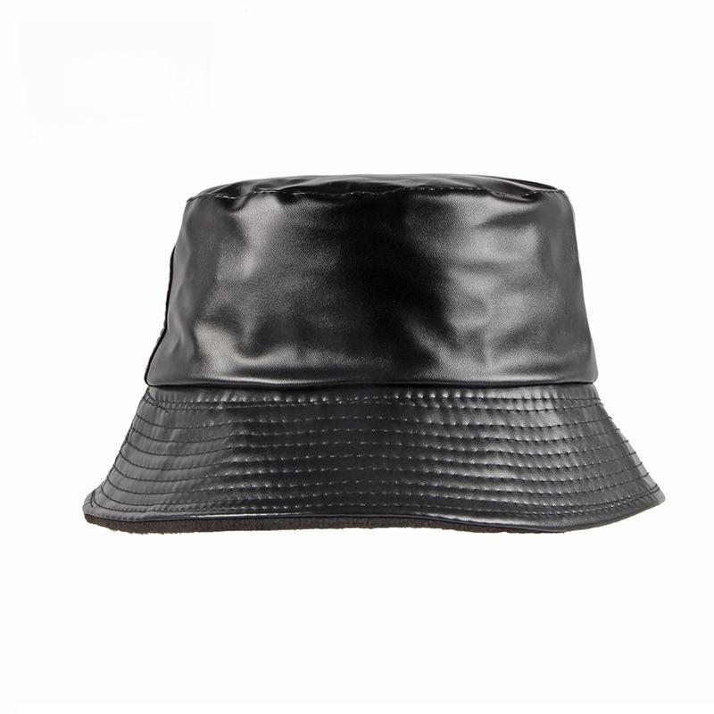 Unisex Autumn Winter PU Leather Bucket Hat Warm Fleece Lined Basin Cap Solid Color Retro Fisherman Hat for Men Women