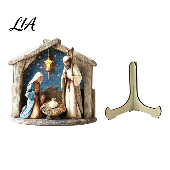 Durable Wood Nativity Set Scene Wooden Tabletop Sign, Christmas Manger Holy Family Figurine Decor, Indoor Fireplace Display Religious Xmas Desktop