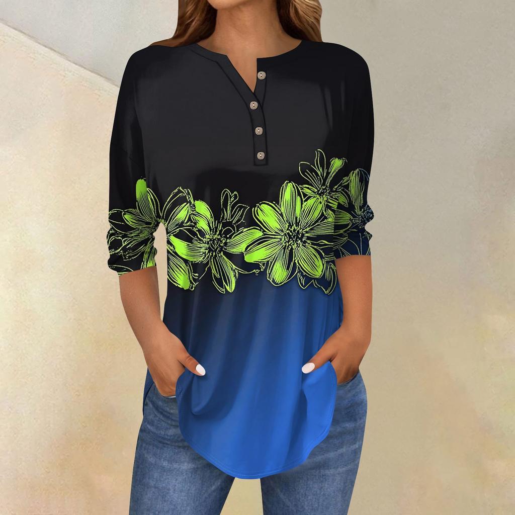 Женская свободная футболка с воротником на пуговицах и винтажным цветочным принтом, рукав три четверти