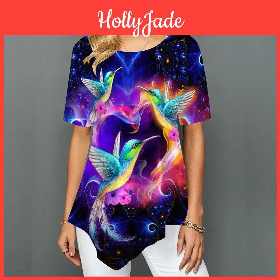 Tshirt Women Hummingbird Summer Casual Love Printed Stretch Loose Shirt Women Clothes Irregular Summer New Tops Xs8xl