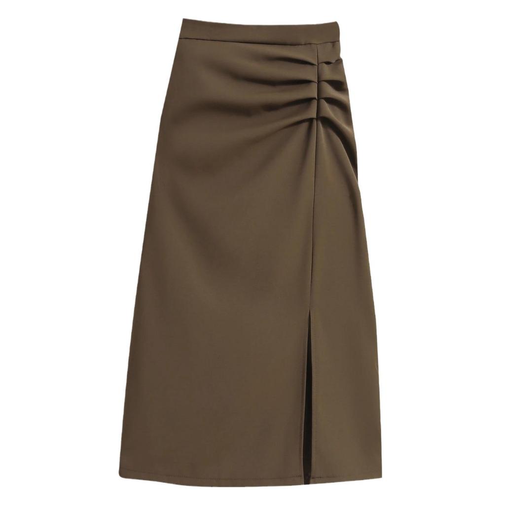 Women's Black High-Waisted Pleated Midi Skirt with Slit - Summer 2024 Collection