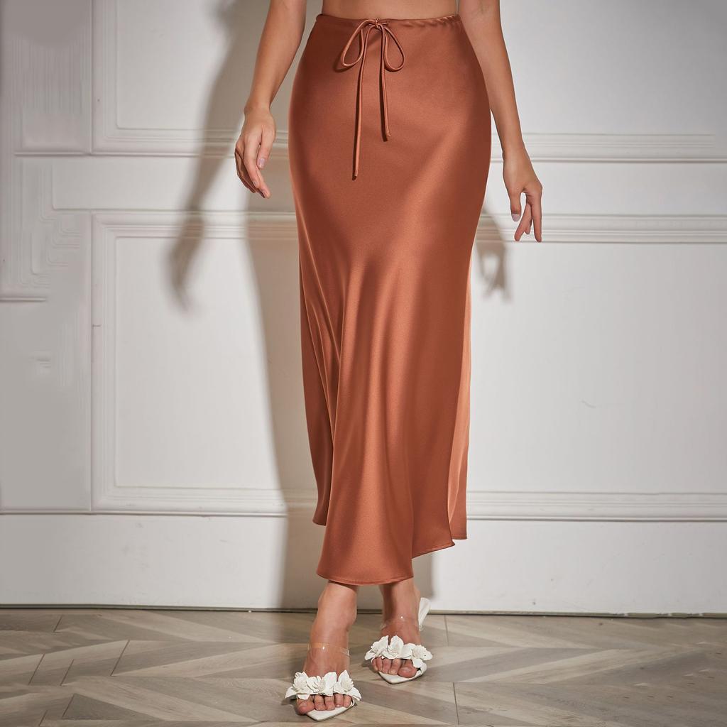 A Line Long Satin Skirts for Women Black Elegant High Waist Maxi Beige Skirts Silk Lace Up Long Skirt Women