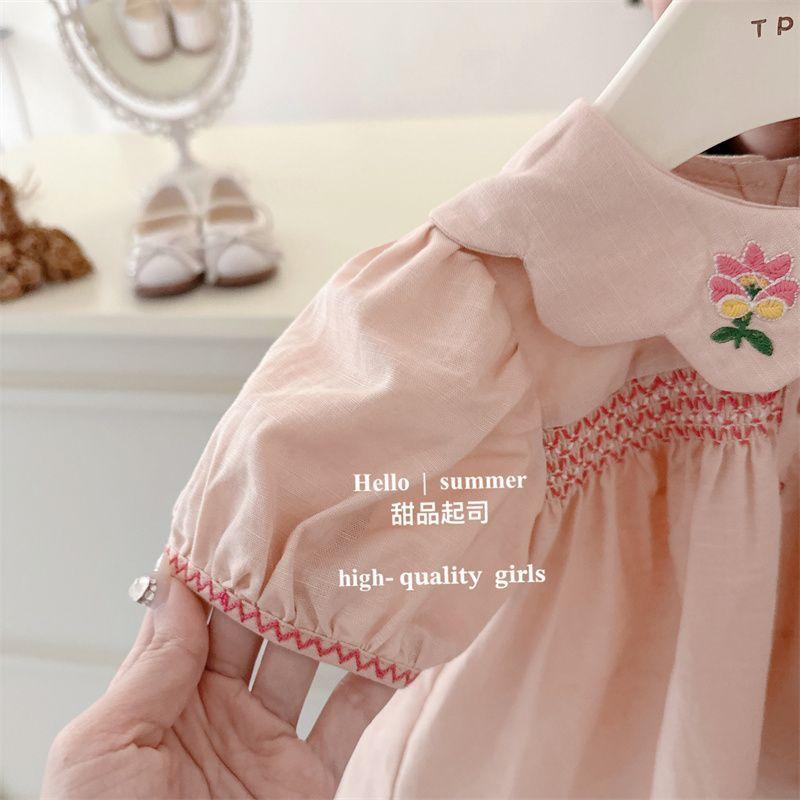 Sweet Pink Baby Girl Summer Set Embroidered Peter Pan Collar Top And Shorts Two Piece Outfit For Toddlers