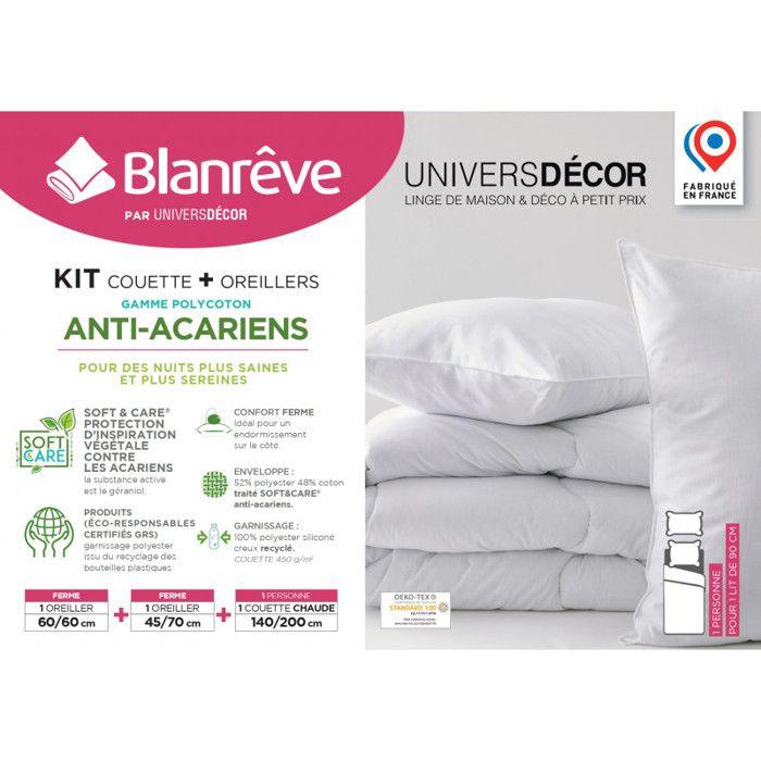 Pack Couette Blanrêve très chaude 140 x 200 + Oreiller 60 x 60 + Oreiller 45 x 70 "Confort" traité Anti Acarien